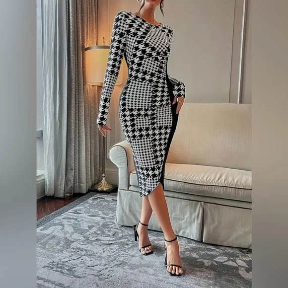 New Houndstooth Print Long Sleeve Bodycon Asymmetrical Colorblock Midi Dress NWT - Picture 6 of 16